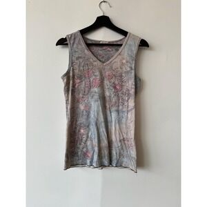 Vintage Xcit USA Tank Top Womens Medium Floral Embroidered Sleeveless Boho Shirt